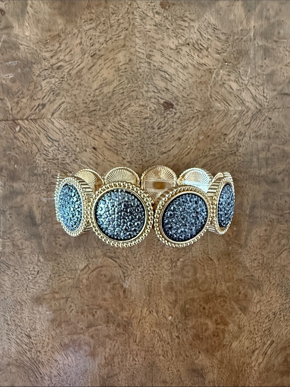 Gold-Tone Black Druzy Disc Stretch Bracelet